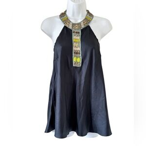 Chelsea Flower Silk Black Artsy Embellished Beaded Halter Sleeveless Tank Top S